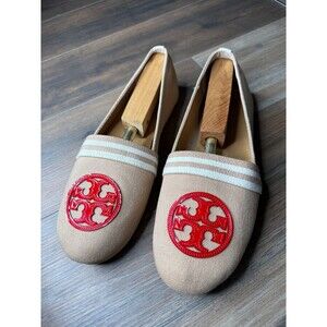 Tory Burch women size 8 Micah Canvas Beige RED Slip On flats Shoes Weston loafer